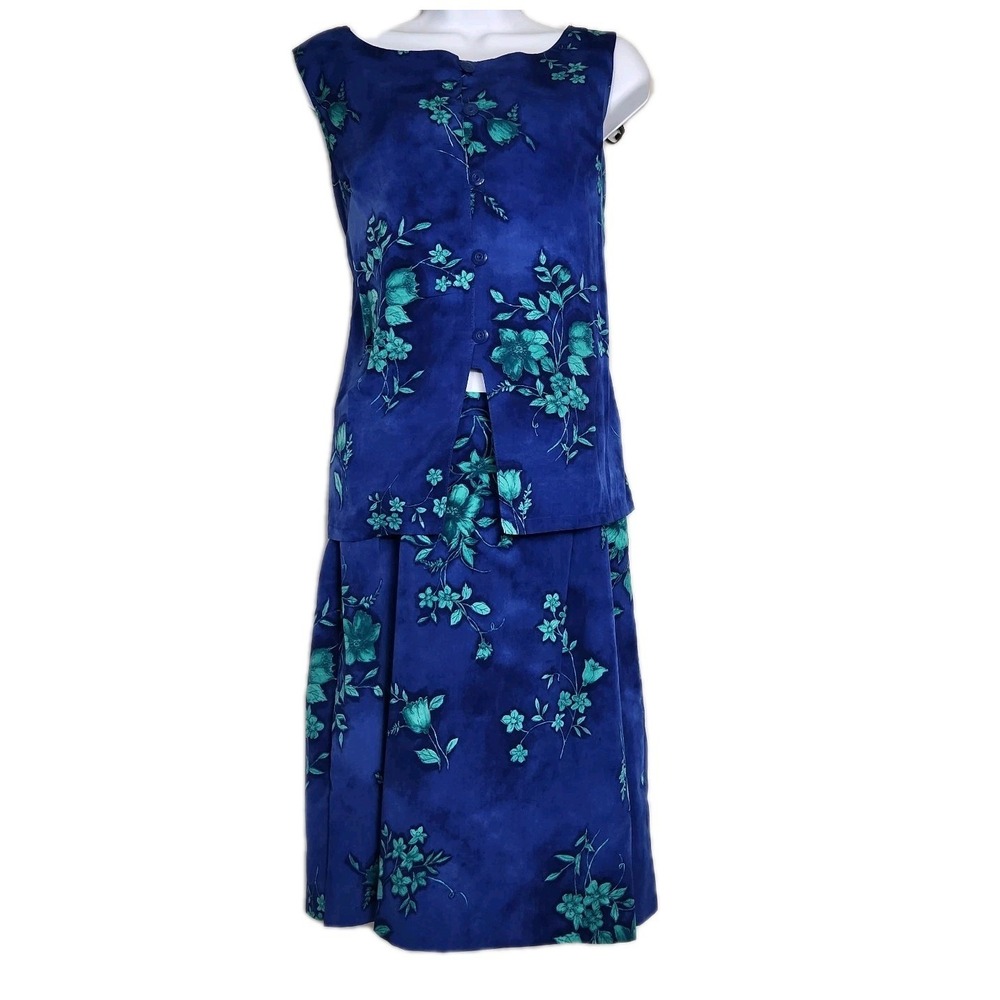 Vintage Blue Floral Matching Set Skirt Cutout Slit Top Boho Cottagecore 90s Sz S